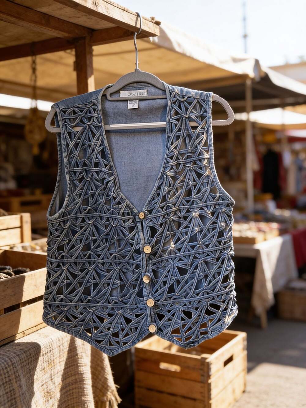 Chrysantheme Vintage Denim Open-Weave Vest with Wood Buttons Boho M